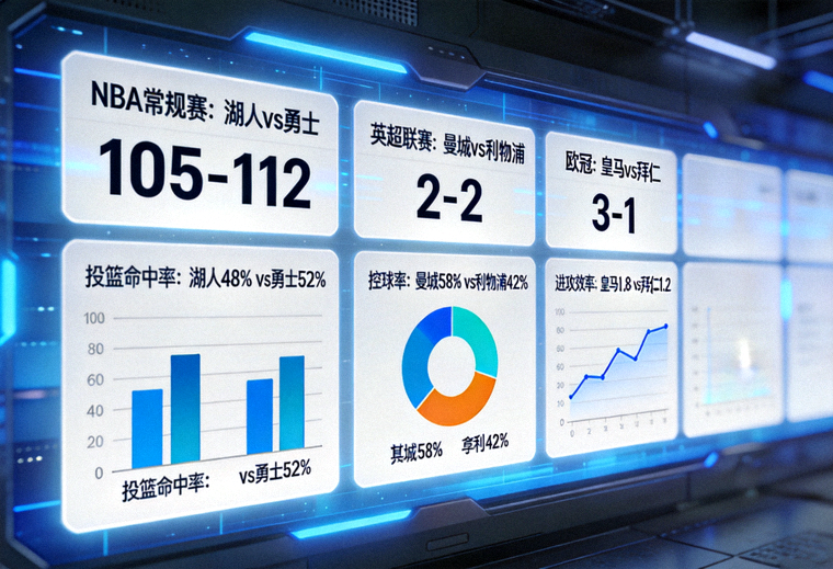 体育赛事数据监控大屏，展示多场比赛比分与统计图表